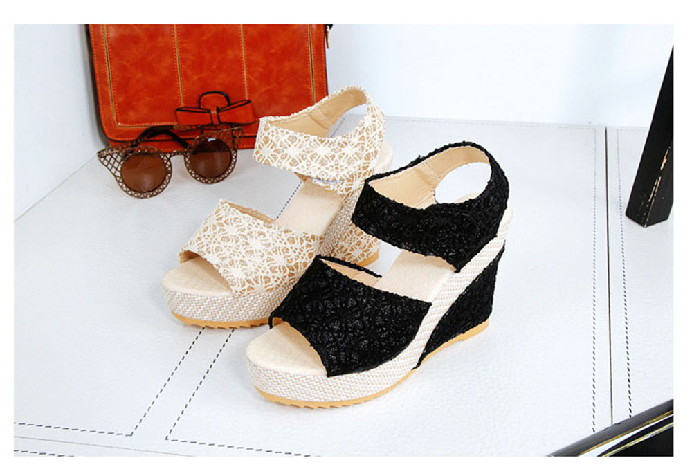 Bohemian Open Toe Fish Head Magic Tape High Heels Wedge Sandals for Women