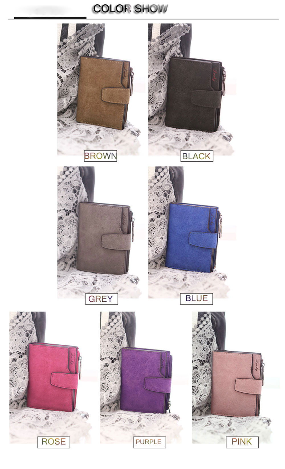 Guapabien Lady Solid Color Letter Snap Fastener Zipper Short Clutch Wallet