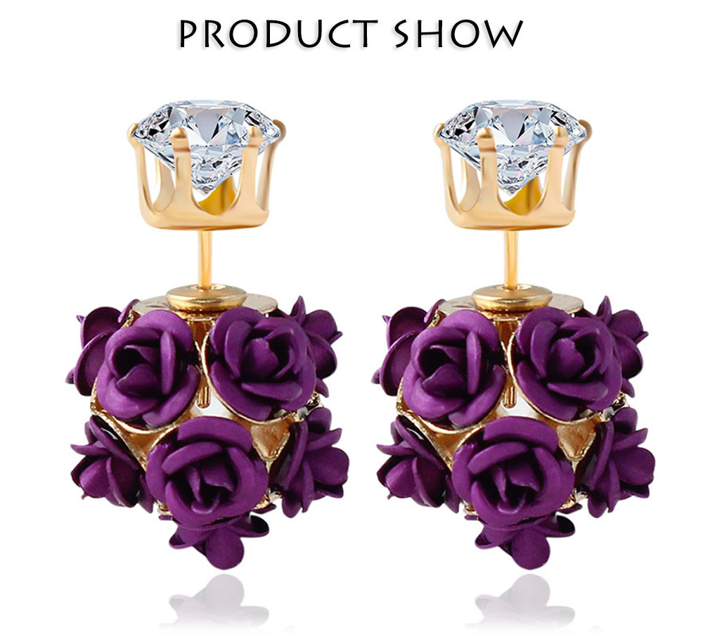 3D Rose Rhinestone Embellishment Hollow Stud Earrings for Lady