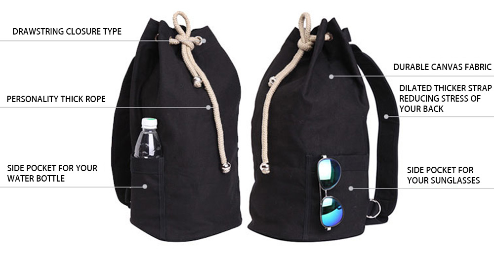 Men Drawstring Canvas Bucket Gym Bag Portable Backpack