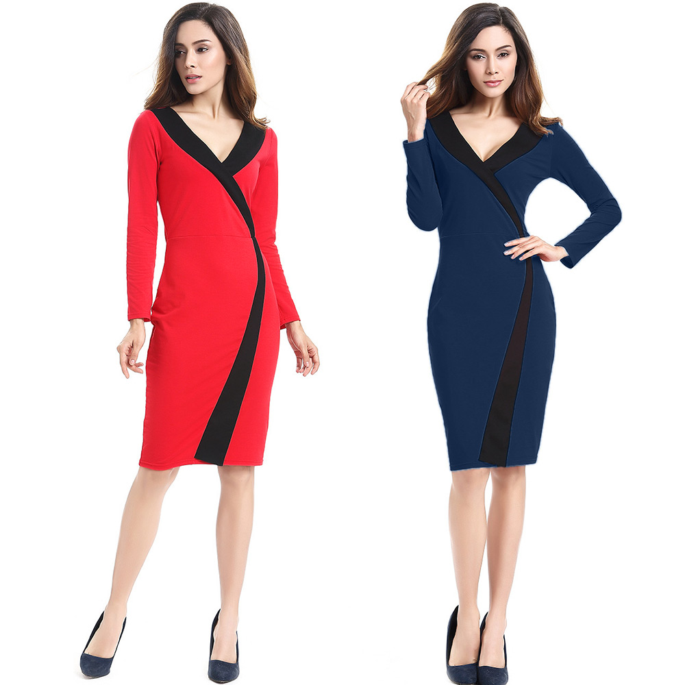 Elegant V-neck Long Sleeve Sexy Slim Knee Length Bodycon Dress