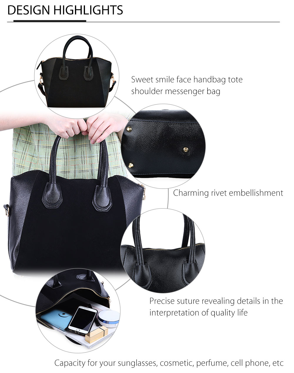 Guapabien Old Classical Patchwork Rivet Animal Zipper Head Handbag Shoulder Messenger Smile Face Bag