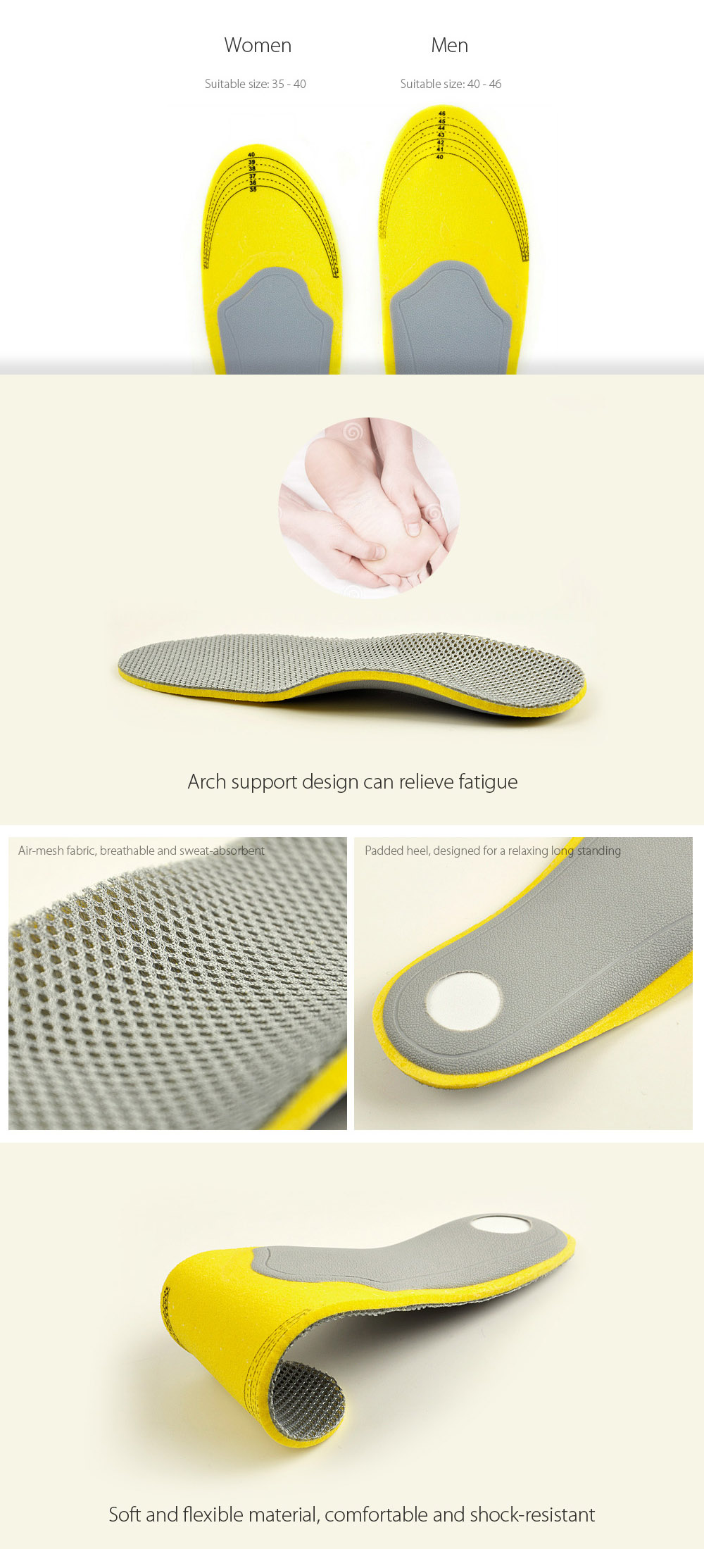 Breathable Shock Resistant Sports Insoles Shoe Inserts