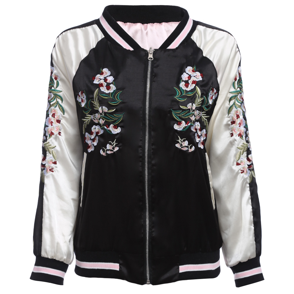 Trendy Round Collar Elastic Sleeve Hem Embroidery Zipper Type Women Baseball Coat