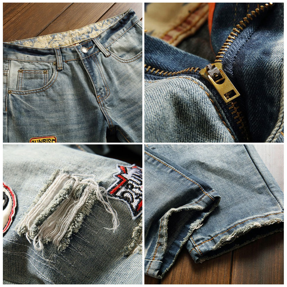 Holes and Cat's Whisker Patch Straight Leg Denim Pants