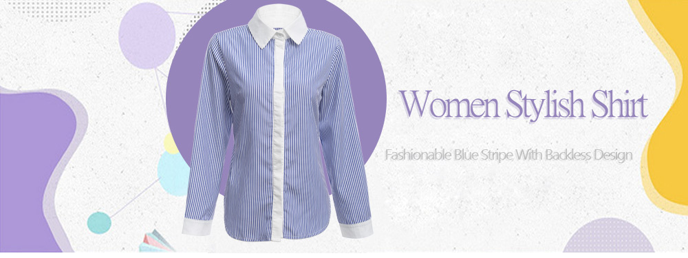 Stylish Long Sleeve Backless Tie Stripe Button Shirt for Women