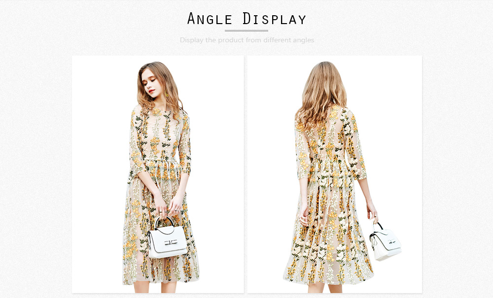 Elegant Round Collar 3/4 Sleeve Mesh Floral Embroidery Dress for Women