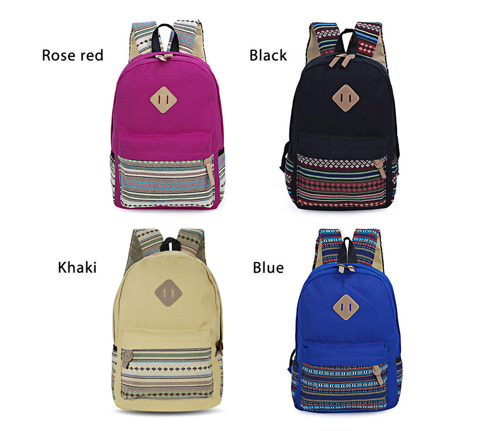 Guapabien Ethnic Style Floral Embroidery Striped Canvas Girls Portable Backpack