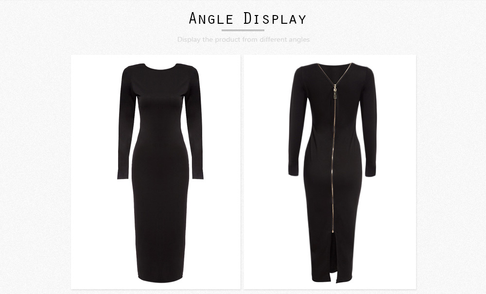 Simple Round Collar Long SLeeve Zipper Design Skinny Women Midi Dress