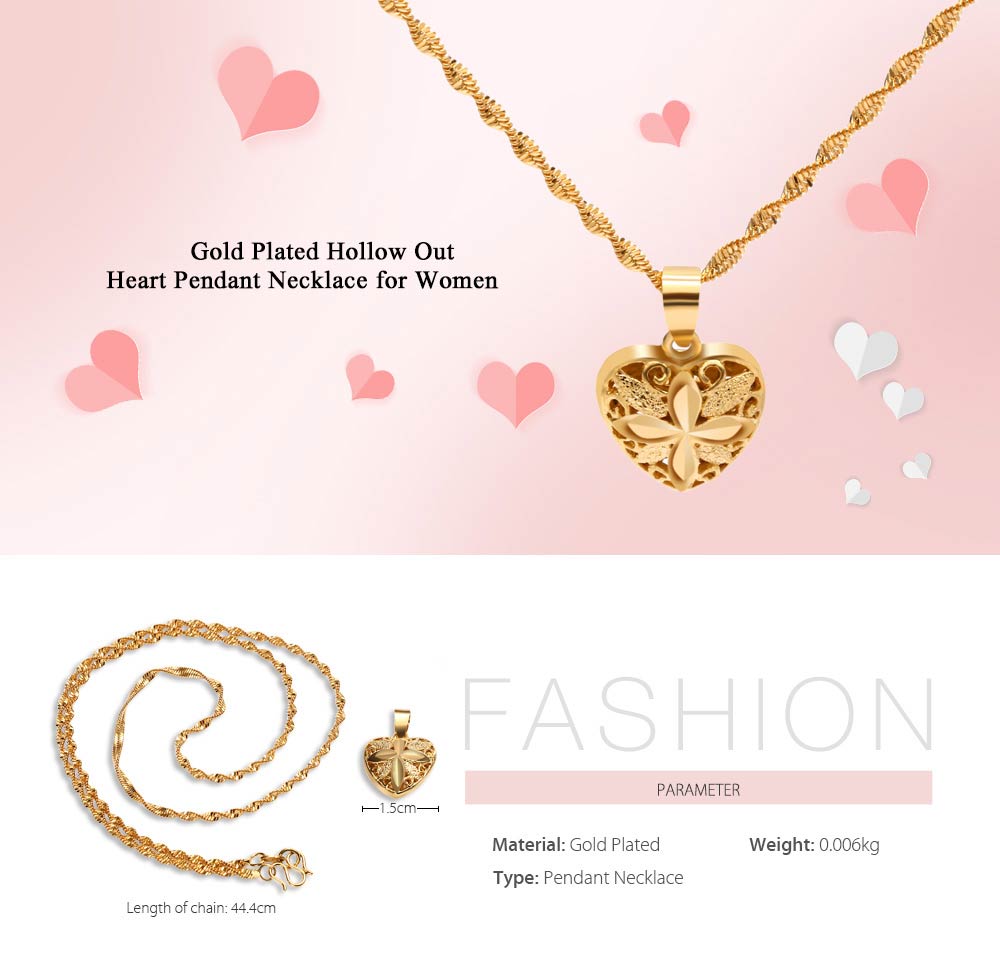 Fashionable Gold Plated Hollow Out Heart Pendant Necklace for Women