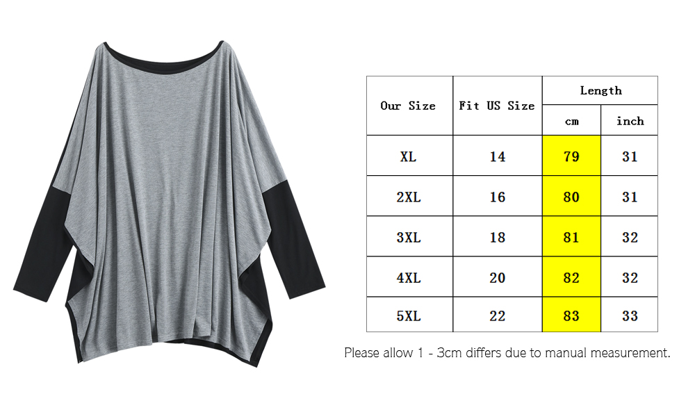 Plus Size Color Block Batwing Long Sleeve T-shirt