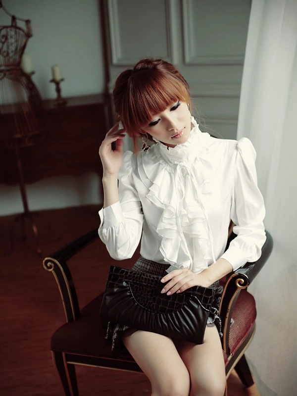 Women Office Blouses Victorian Top Button Silky Lace Collar Ruffle Satin Shirts