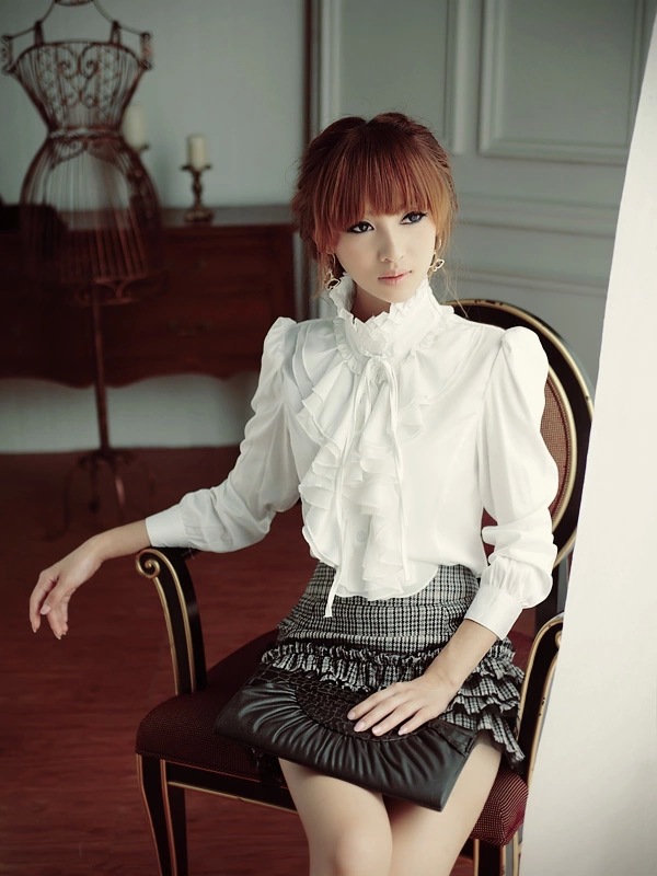 Women Office Blouses Victorian Top Button Silky Lace Collar Ruffle Satin Shirts