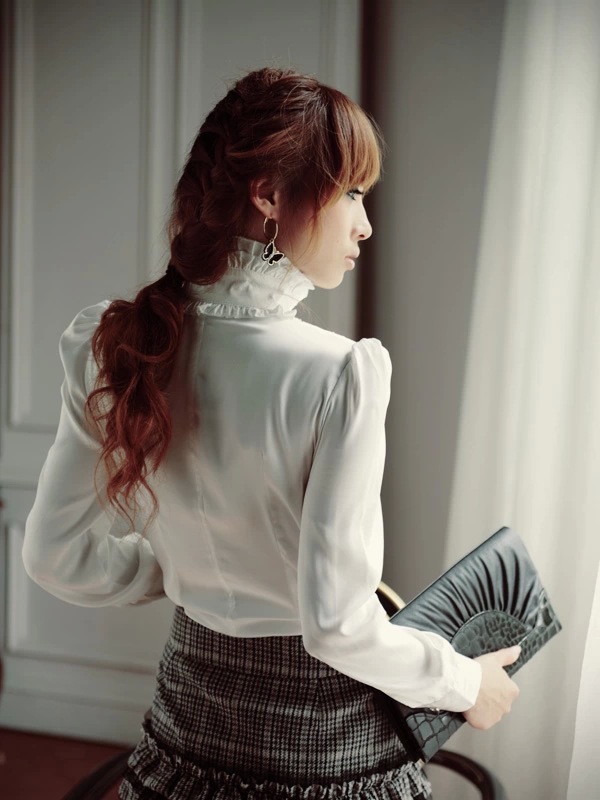 Women Office Blouses Victorian Top Button Silky Lace Collar Ruffle Satin Shirts