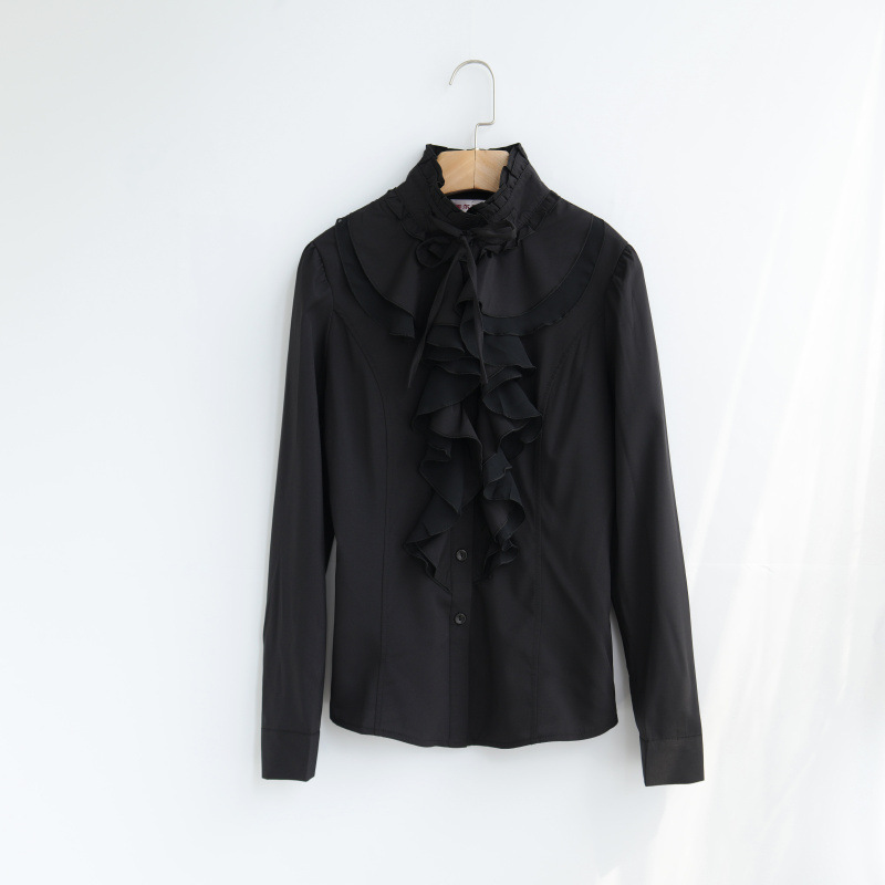 Women Office Blouses Victorian Top Button Silky Lace Collar Ruffle Satin Shirts