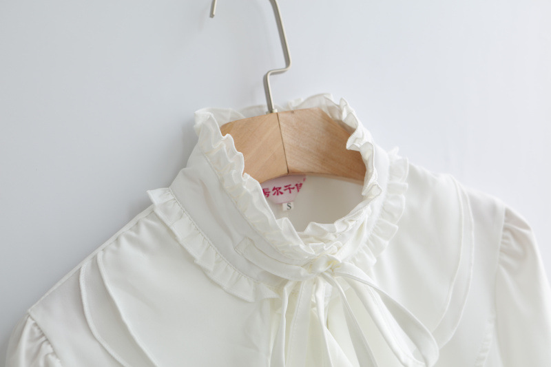 Women Office Blouses Victorian Top Button Silky Lace Collar Ruffle Satin Shirts