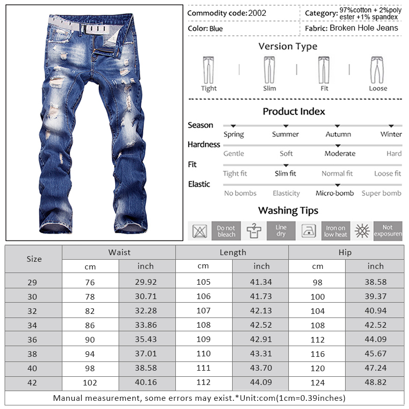 Denim Handsome Straight Distressed Jeans In Wash Blue Casual Pants for Men