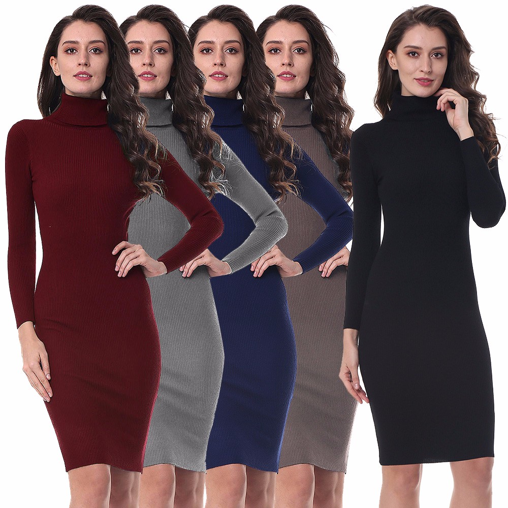 Womens Autumn Winter Sweater Dresses Slim Elastic Turtleneck polo neck Long Sleeve Sexy Bodycon Slim Robe Midi Knitted Dress