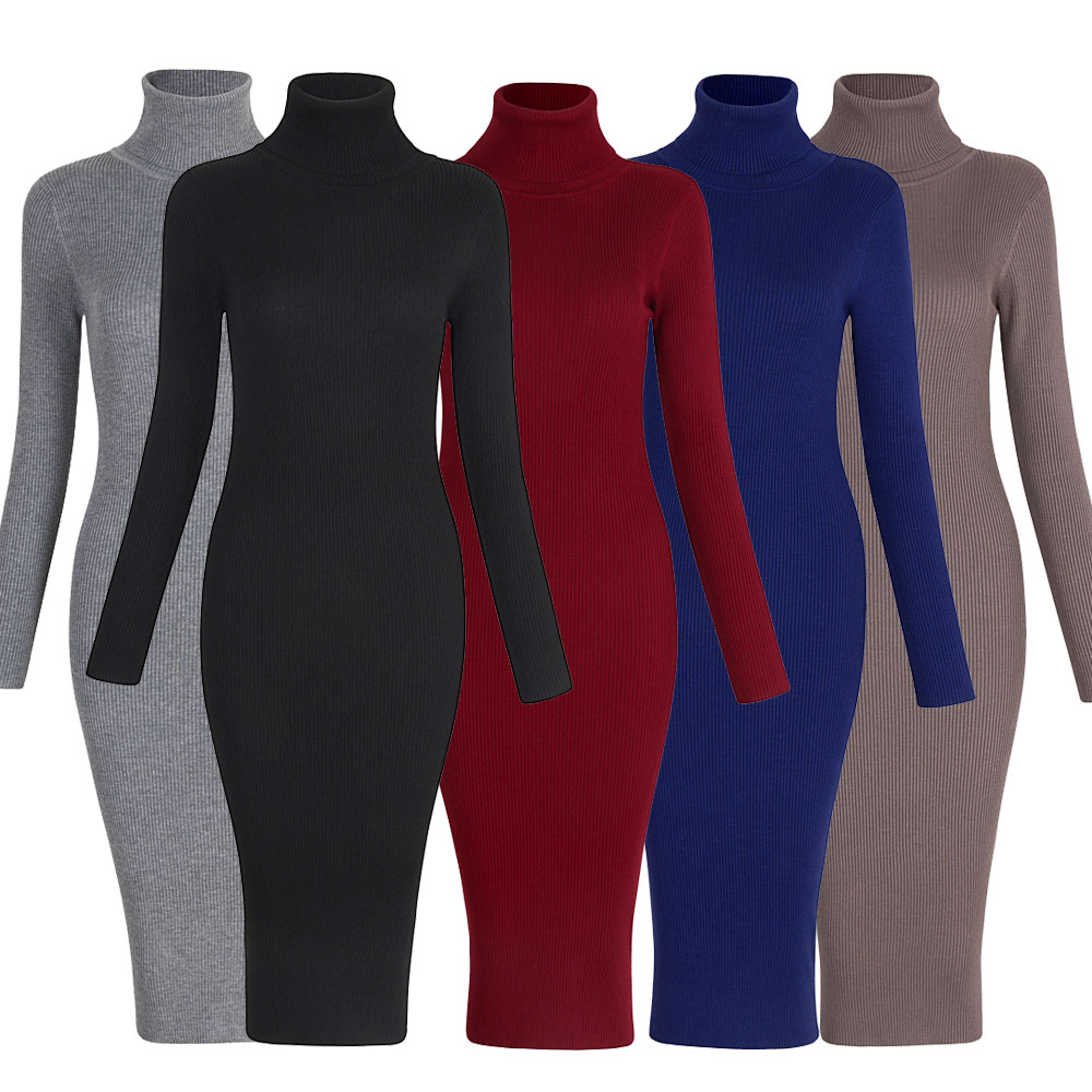 Womens Autumn Winter Sweater Dresses Slim Elastic Turtleneck polo neck Long Sleeve Sexy Bodycon Slim Robe Midi Knitted Dress