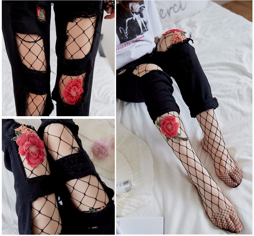 Sexy Embroidery Flower Fishnet Stockings Tights for Women