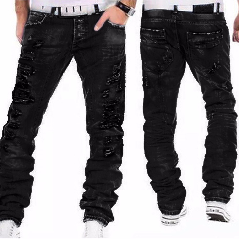 Denim Handsome Straight Distressed Jeans In Wash Blue Casual Pants for Men