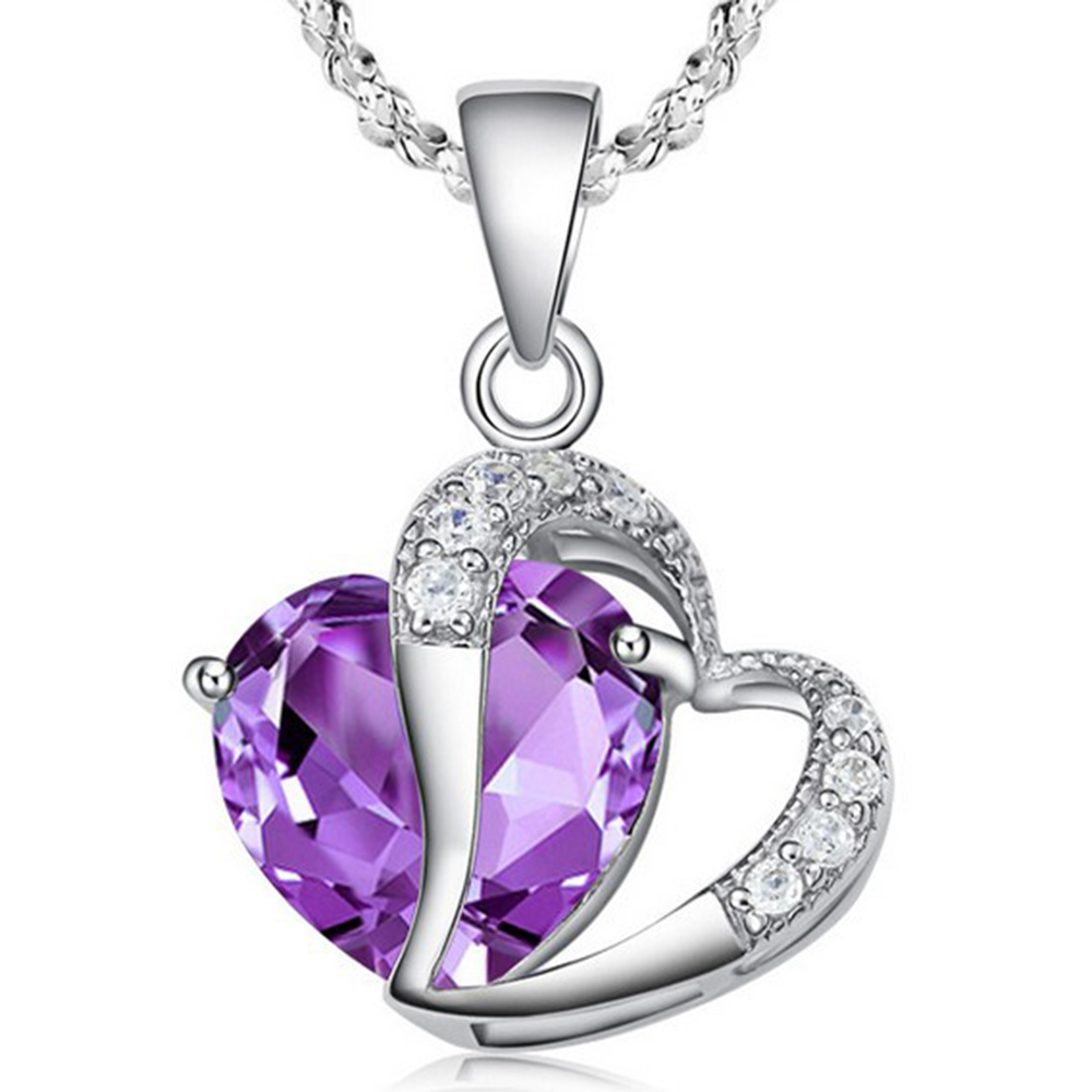 Sterling Silver Faux Crystal Gemstone Amethyst Heart Pendant Necklace