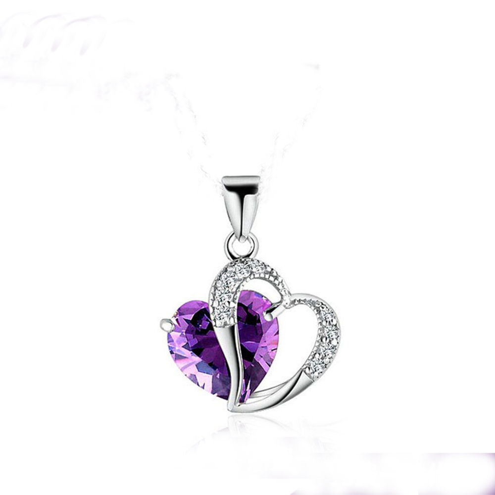 Sterling Silver Faux Crystal Gemstone Amethyst Heart Pendant Necklace