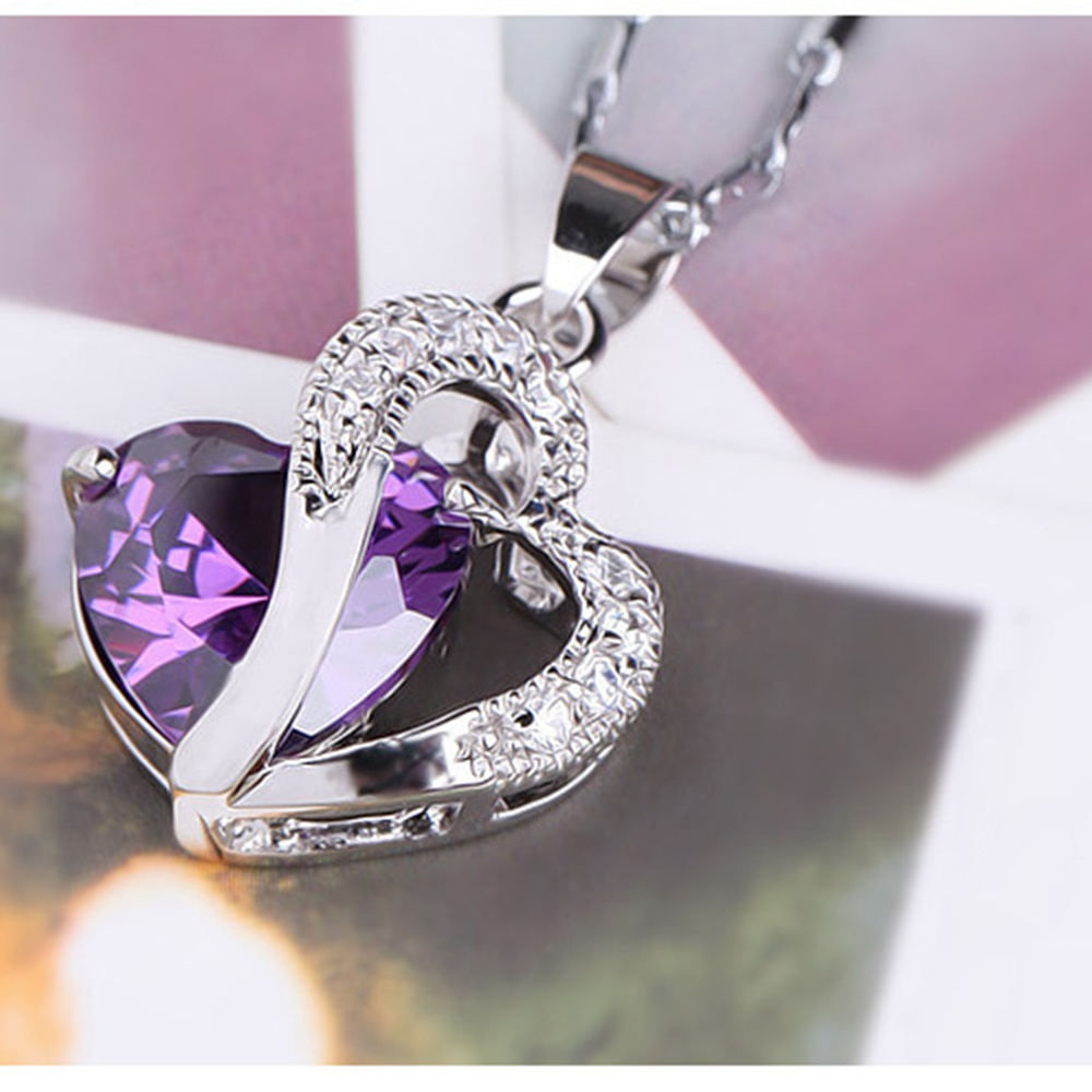 Sterling Silver Faux Crystal Gemstone Amethyst Heart Pendant Necklace