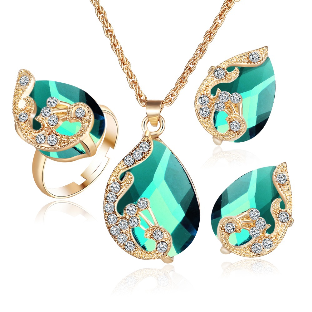 Noble Crystal Wing Water Droplets Necklace Earring Ring Set Popular Fashion Elegant Beautiful Pendant Necklaces Earrings