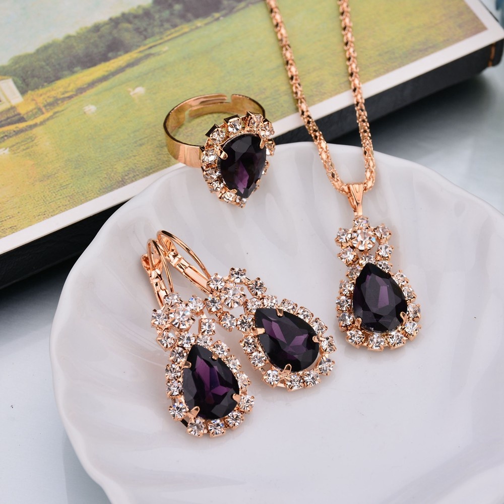 1 Set Fashion Romantic charm Elegant Teardrop Crystal Rhinestone Metal Pendant Gold Plated Chain Necklace Earrings Rings