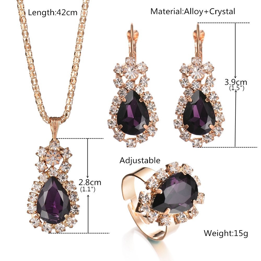 1 Set Fashion Romantic charm Elegant Teardrop Crystal Rhinestone Metal Pendant Gold Plated Chain Necklace Earrings Rings
