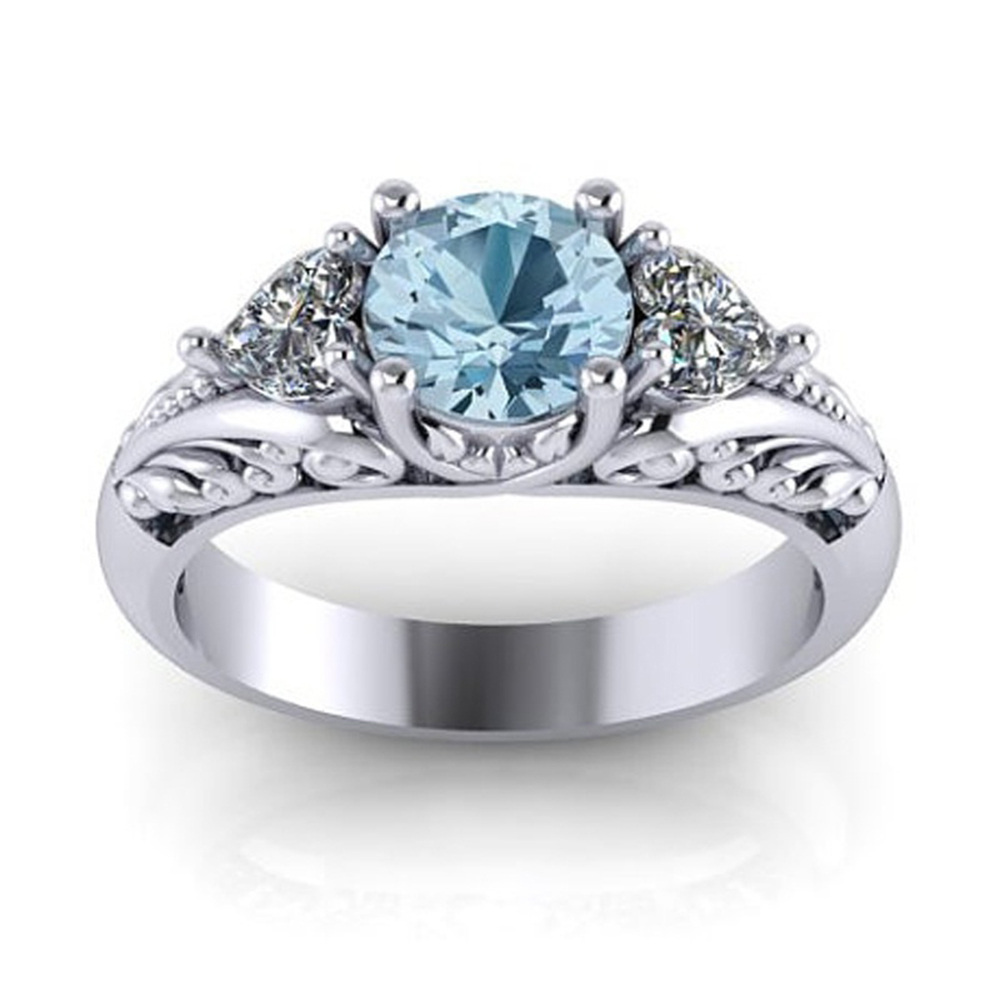 Sterling Silver Round Cut Aquamarine Floral Engagement Promise Ring