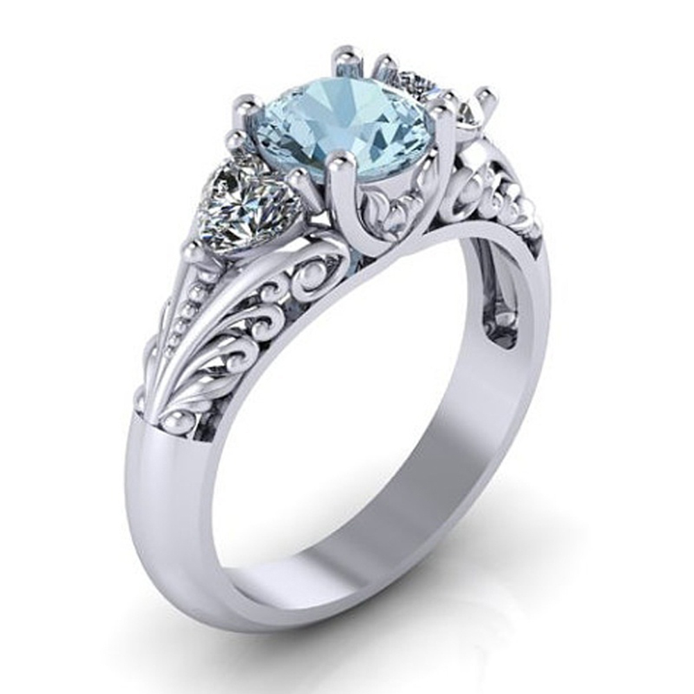 Sterling Silver Round Cut Aquamarine Floral Engagement Promise Ring