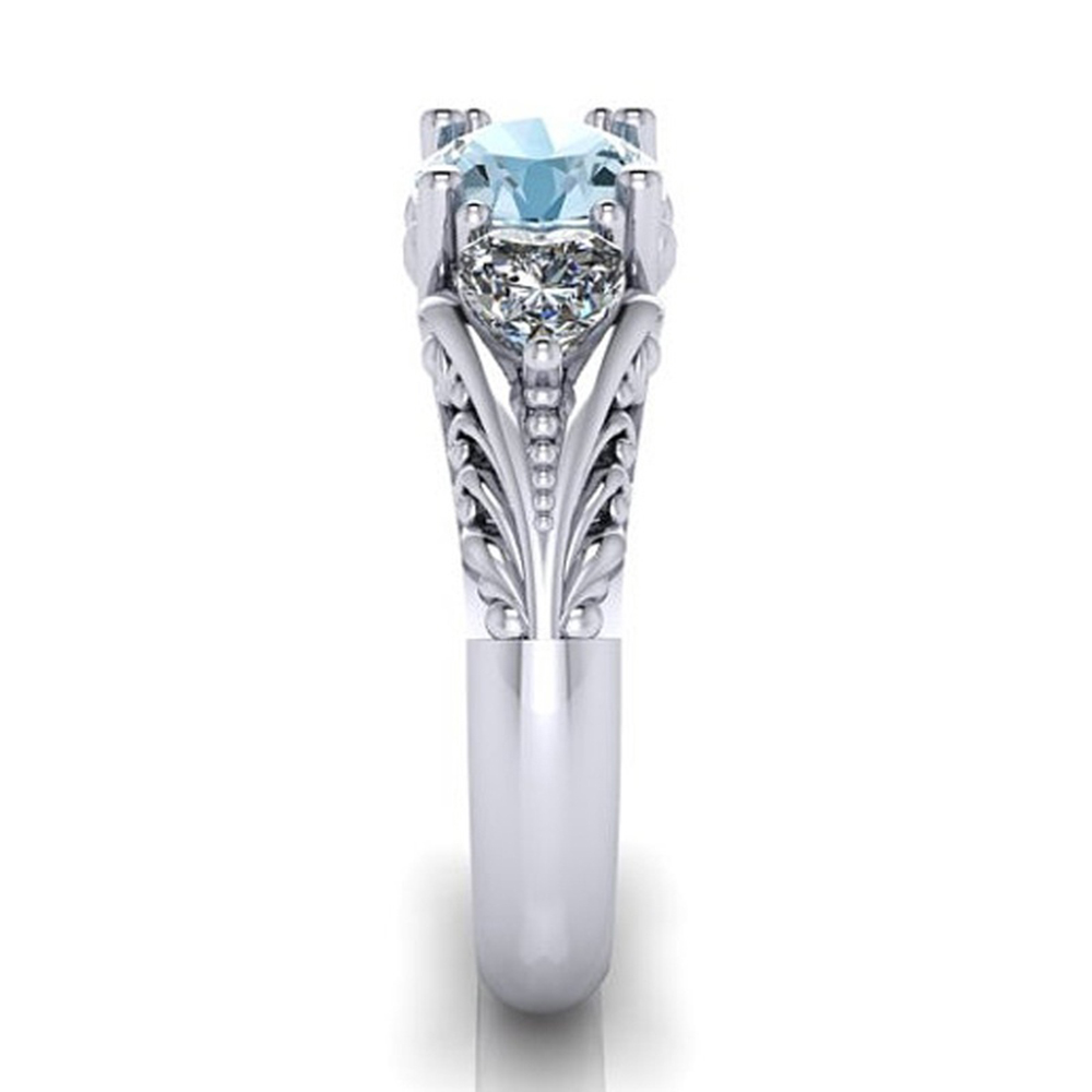 Sterling Silver Round Cut Aquamarine Floral Engagement Promise Ring