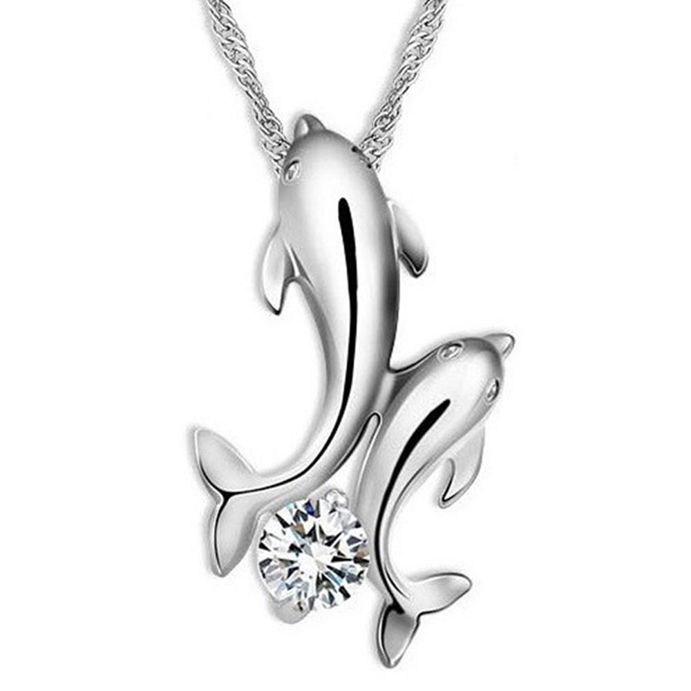 Cute 925 Silver Double Dolphin Rhinestone Short Chain Pendant Necklace Jewelry