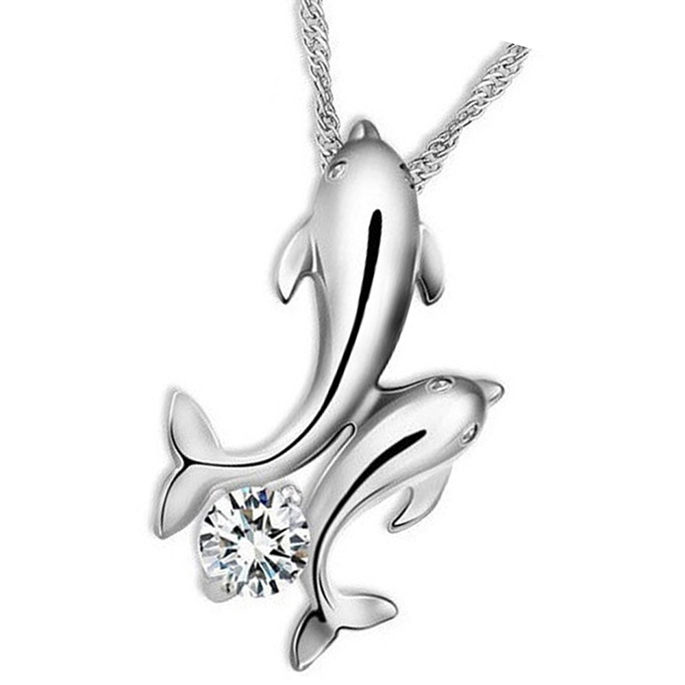 Cute 925 Silver Double Dolphin Rhinestone Short Chain Pendant Necklace Jewelry