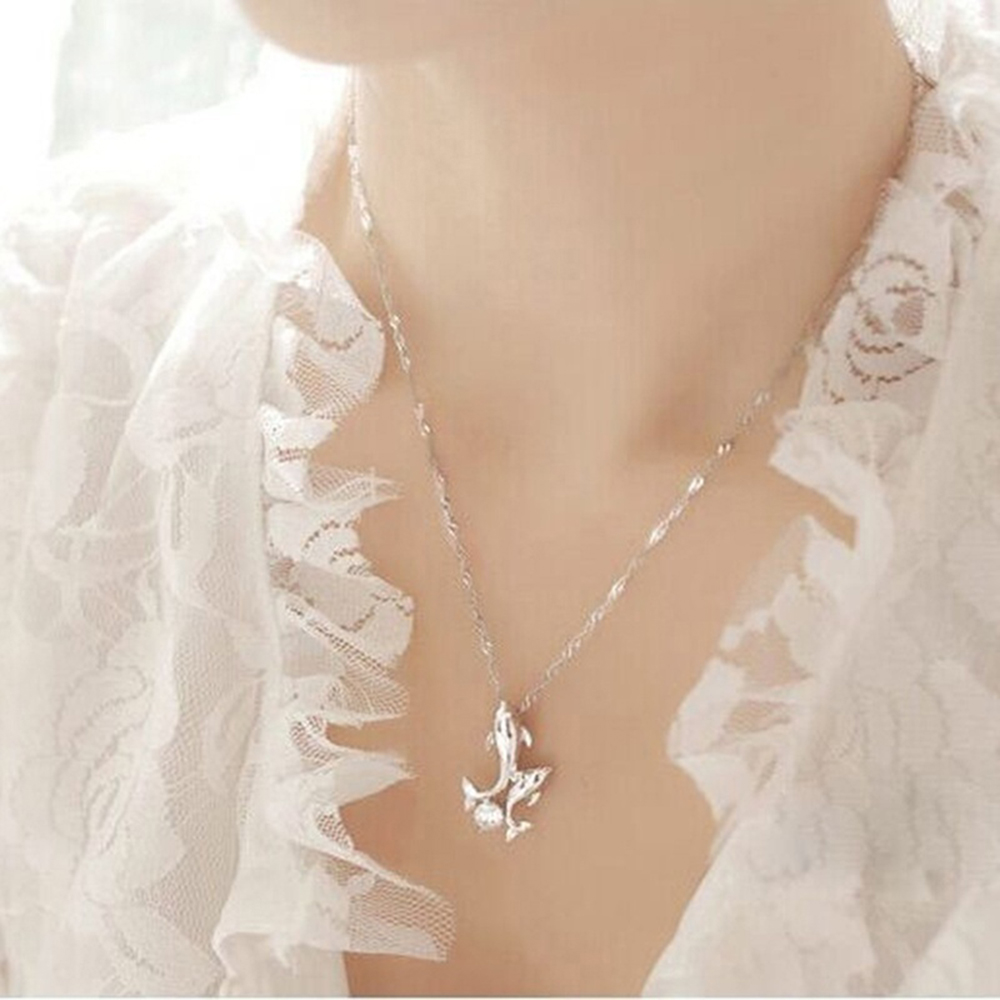 Cute 925 Silver Double Dolphin Rhinestone Short Chain Pendant Necklace Jewelry