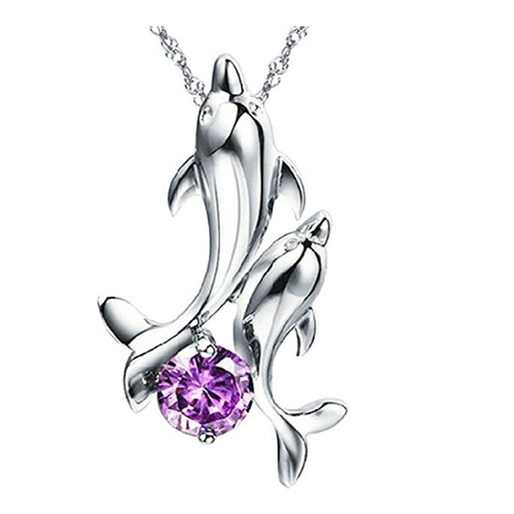 Cute 925 Silver Double Dolphin Rhinestone Short Chain Pendant Necklace Jewelry