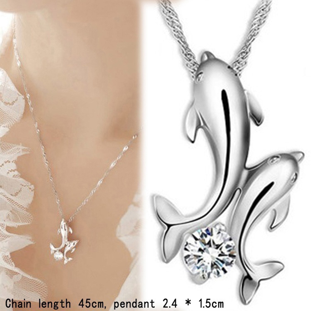 Cute 925 Silver Double Dolphin Rhinestone Short Chain Pendant Necklace Jewelry