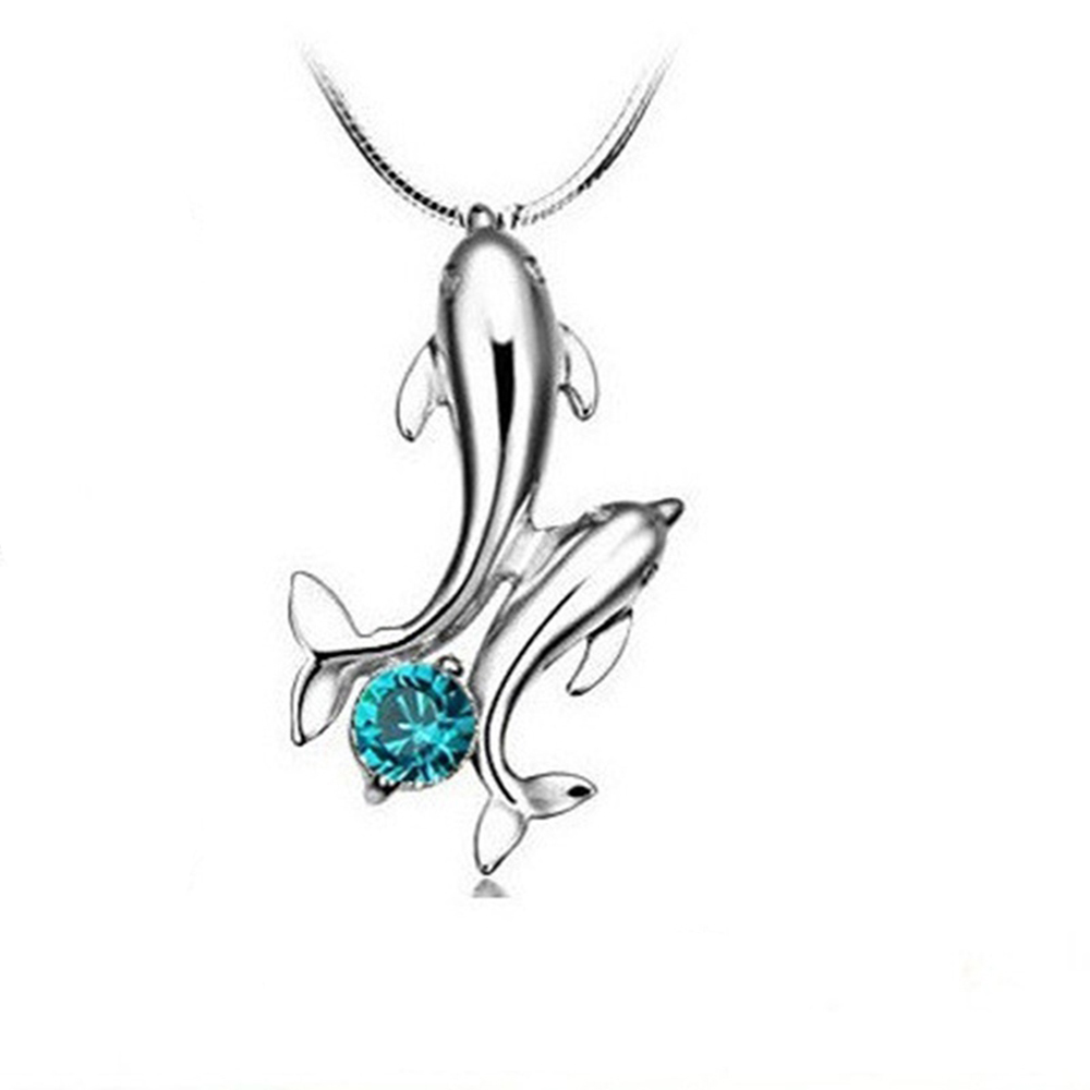 Cute 925 Silver Double Dolphin Rhinestone Short Chain Pendant Necklace Jewelry