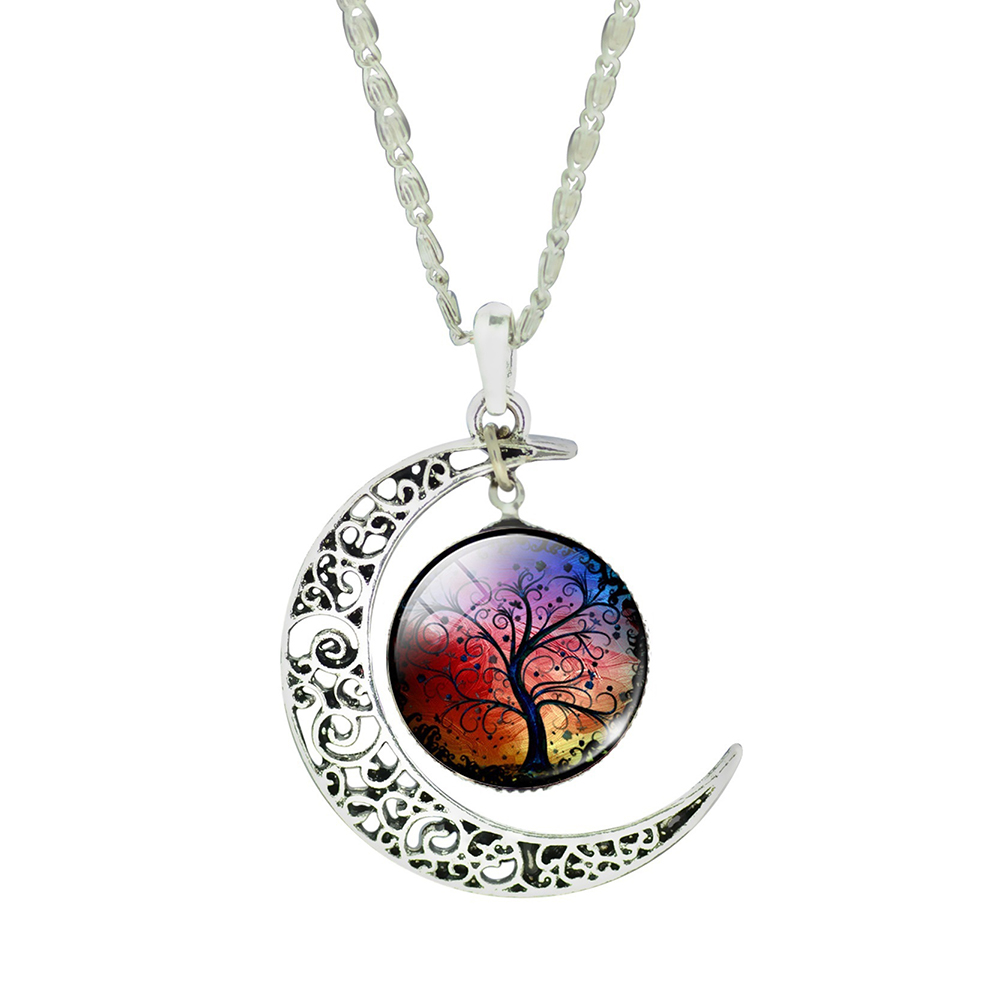 Glass Cabochon Necklace Earrings Bangle Set (Totally 4 pcs) Colorful Life Tree Art Picture Pendant Statement Chain