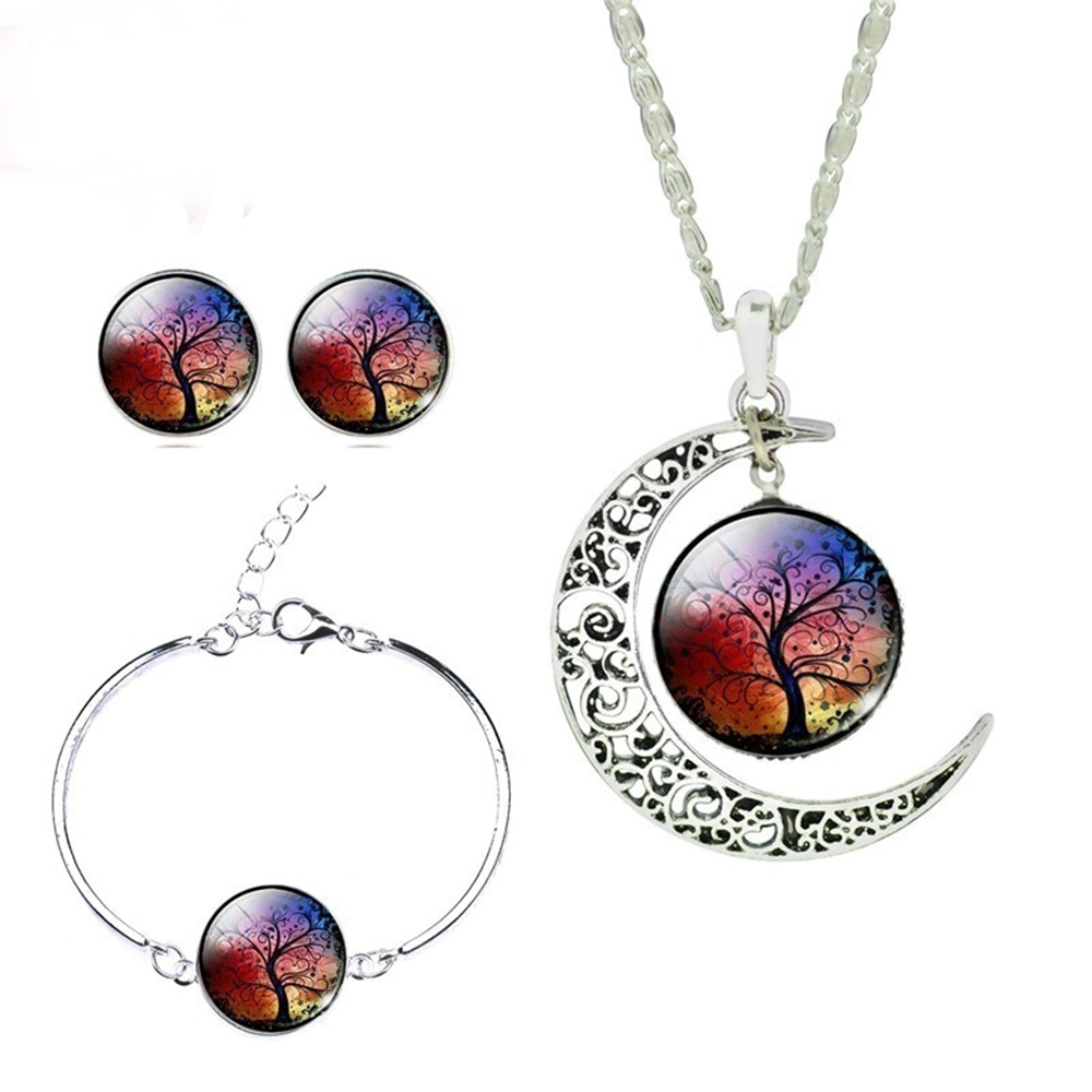 Glass Cabochon Necklace Earrings Bangle Set (Totally 4 pcs) Colorful Life Tree Art Picture Pendant Statement Chain