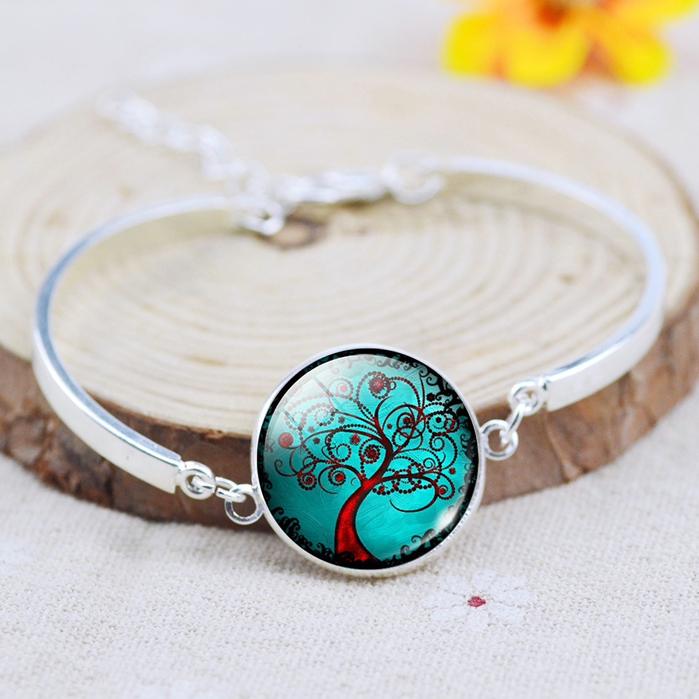 Glass Cabochon Necklace Earrings Bangle Set (Totally 4 pcs) Colorful Life Tree Art Picture Pendant Statement Chain