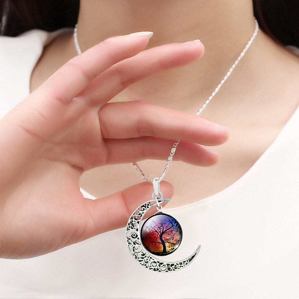 Glass Cabochon Necklace Earrings Bangle Set (Totally 4 pcs) Colorful Life Tree Art Picture Pendant Statement Chain