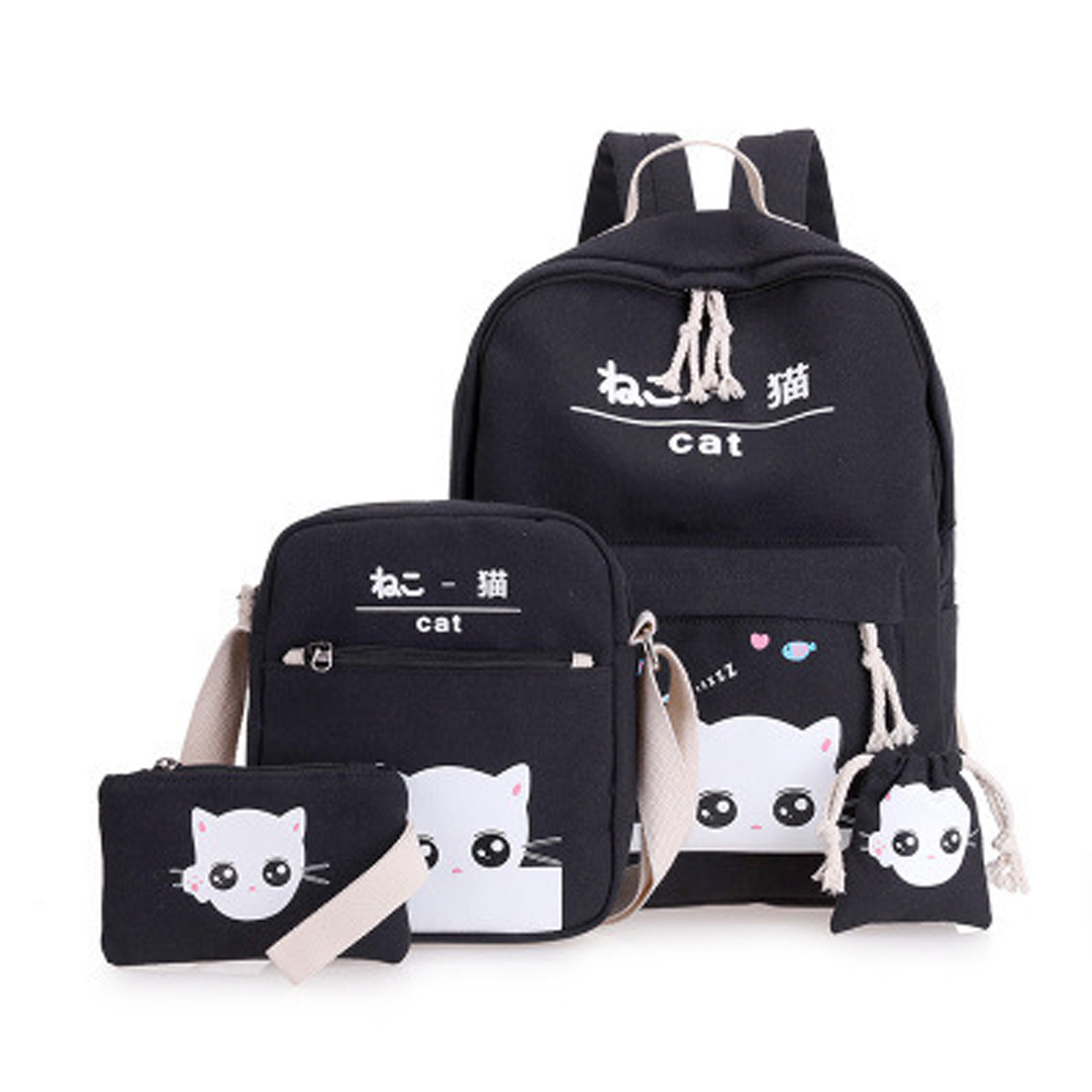 4 Pcs Girl's Schoolbag Set Cat Pattern Backpack Shoulder Bag Set