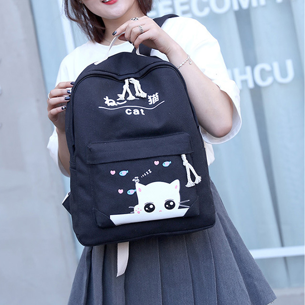 4 Pcs Girl's Schoolbag Set Cat Pattern Backpack Shoulder Bag Set