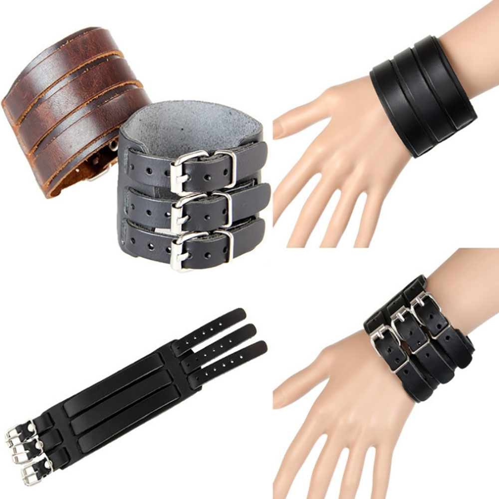 Europe and The United States Trendy Men'S Wide Bangle Bracelet Exaggerated Wide Leather Double