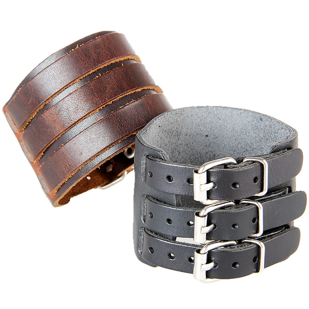 Europe and The United States Trendy Men'S Wide Bangle Bracelet Exaggerated Wide Leather Double