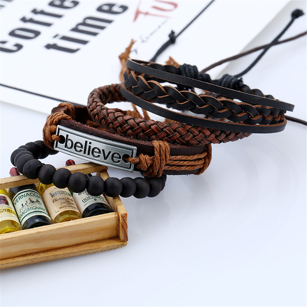 Believe Pattern Cowhide Suit Men 'S Bracelet Hand - Woven Leather Bangles