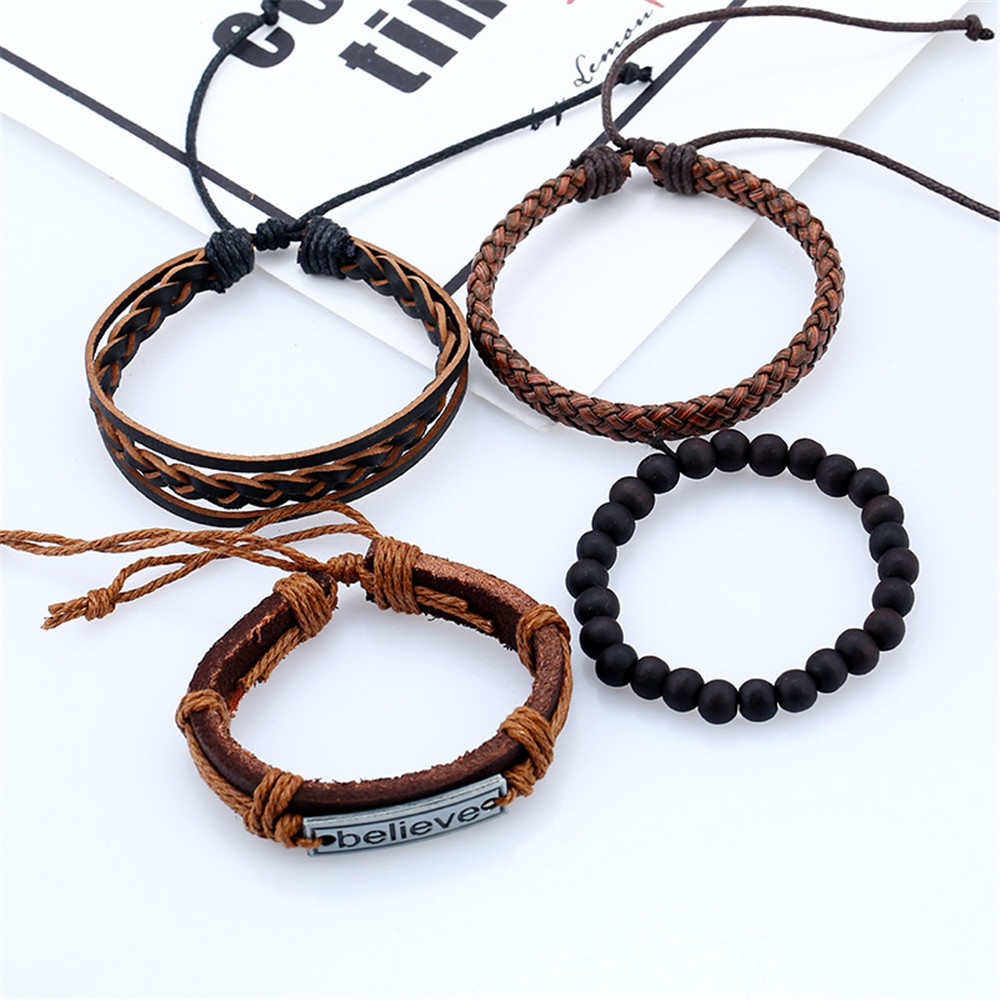 Believe Pattern Cowhide Suit Men 'S Bracelet Hand - Woven Leather Bangles